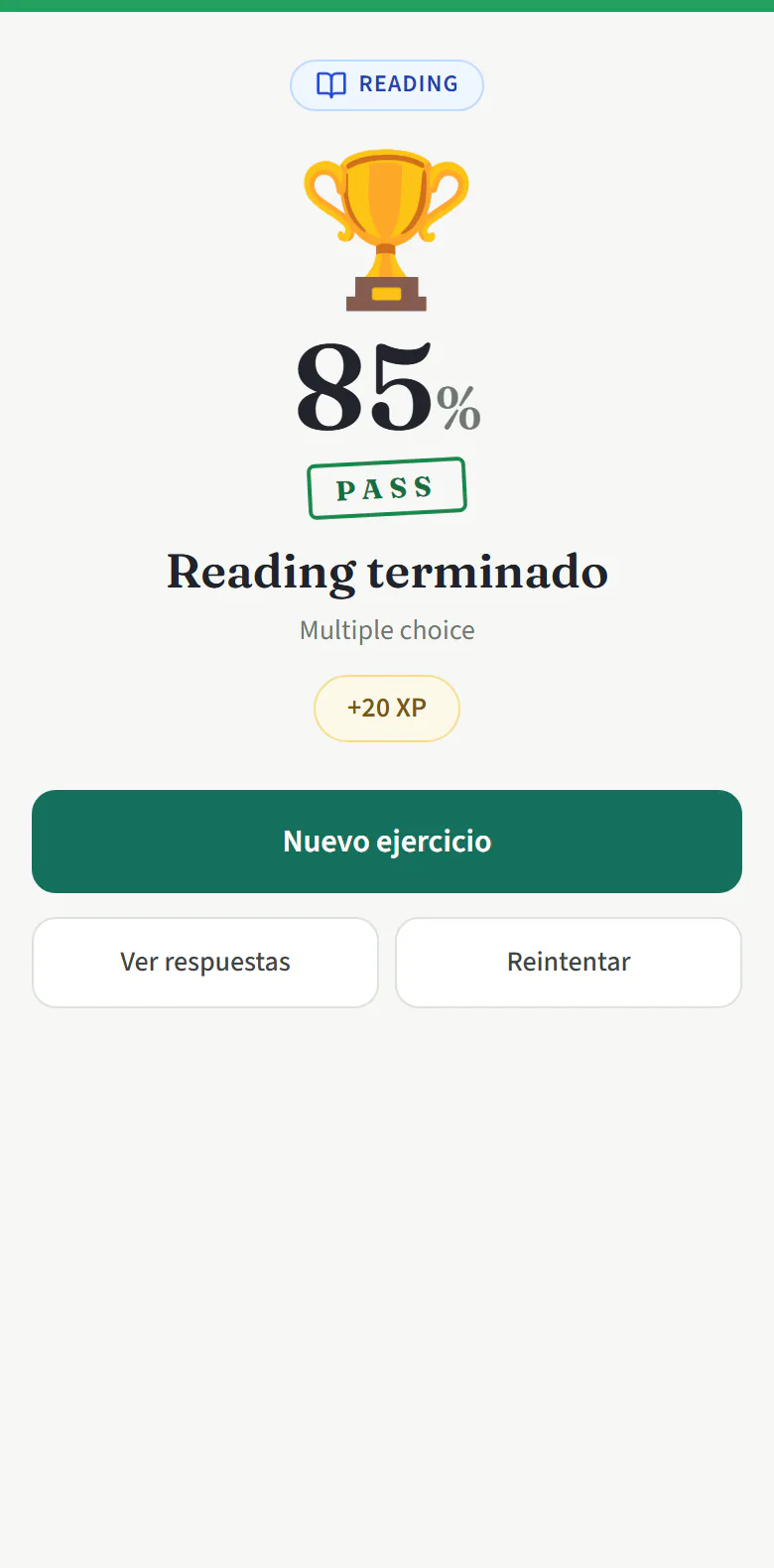 Pantalla de resultados de un Reading: 85 % y aprobado